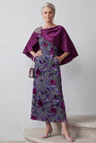 Fuchsia Velvet Sheath Satin Rhinestone Floral Midi Mother of the Bride Dress with Cape