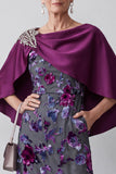 Fuchsia Velvet Sheath Satin Rhinestone Floral Midi Mother of the Bride Dress with Cape