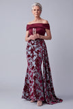 Off the Shoulder Burgundy Velvet Mermaid Ruched Floral Mother of the Bride Dress with Draping
