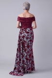 Off the Shoulder Burgundy Velvet Mermaid Ruched Floral Mother of the Bride Dress with Draping