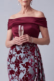 Off the Shoulder Burgundy Velvet Mermaid Ruched Floral Mother of the Bride Dress with Draping