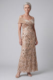 Off the Shoulder Champagne Appliques Sequins Velvet Sheath Mother of the Bride Dress