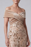 Off the Shoulder Champagne Appliques Sequins Velvet Sheath Mother of the Bride Dress