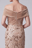 Off the Shoulder Champagne Appliques Sequins Velvet Sheath Mother of the Bride Dress
