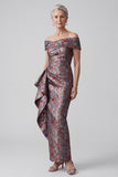 Grey Off the Shoulder Jacquard Ruched Sheath Mother of the Bride Dress with Draping