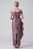 Grey Off the Shoulder Jacquard Ruched Sheath Mother of the Bride Dress with Draping