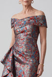 Grey Off the Shoulder Jacquard Ruched Sheath Mother of the Bride Dress with Draping
