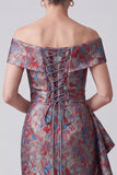 Grey Off the Shoulder Jacquard Ruched Sheath Mother of the Bride Dress with Draping