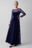 Navy Illusion Round Neck Embroidery Velvet A-Line Sequins Mother of the Bride Dress