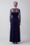 Navy Illusion Round Neck Embroidery Velvet A-Line Sequins Mother of the Bride Dress