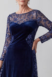 Navy Illusion Round Neck Embroidery Velvet A-Line Sequins Mother of the Bride Dress