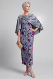 Grey Floral Velvet Sheath Rhinestone Bateau Neck Satin Mother of the Bride Dress with Cape