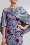 Grey Floral Velvet Sheath Rhinestone Bateau Neck Satin Mother of the Bride Dress with Cape
