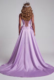 Lavender Satin Strapless Corset Pearls Mermaid Floral Embroidery Pageant Dress with Draping