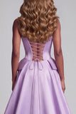 Lavender Satin Strapless Corset Pearls Mermaid Floral Embroidery Pageant Dress with Draping
