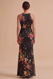 Black Printed Sheath Halter Keyhole Maxi Wedding Guest Dress