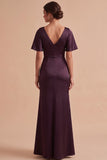 Plum Sheath Cowl Ruched Satin Maxi Wedding Guest Dress with Side Slit