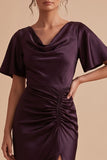 Plum Sheath Cowl Ruched Satin Maxi Wedding Guest Dress with Side Slit