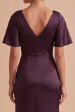 Plum Sheath Cowl Ruched Satin Maxi Wedding Guest Dress with Side Slit