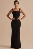 Black Sheath Square Neck Ruched Maxi Wedding Guest Dress