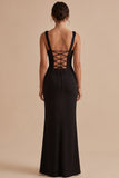 Black Sheath Square Neck Ruched Maxi Wedding Guest Dress