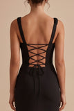 Black Sheath Square Neck Ruched Maxi Wedding Guest Dress