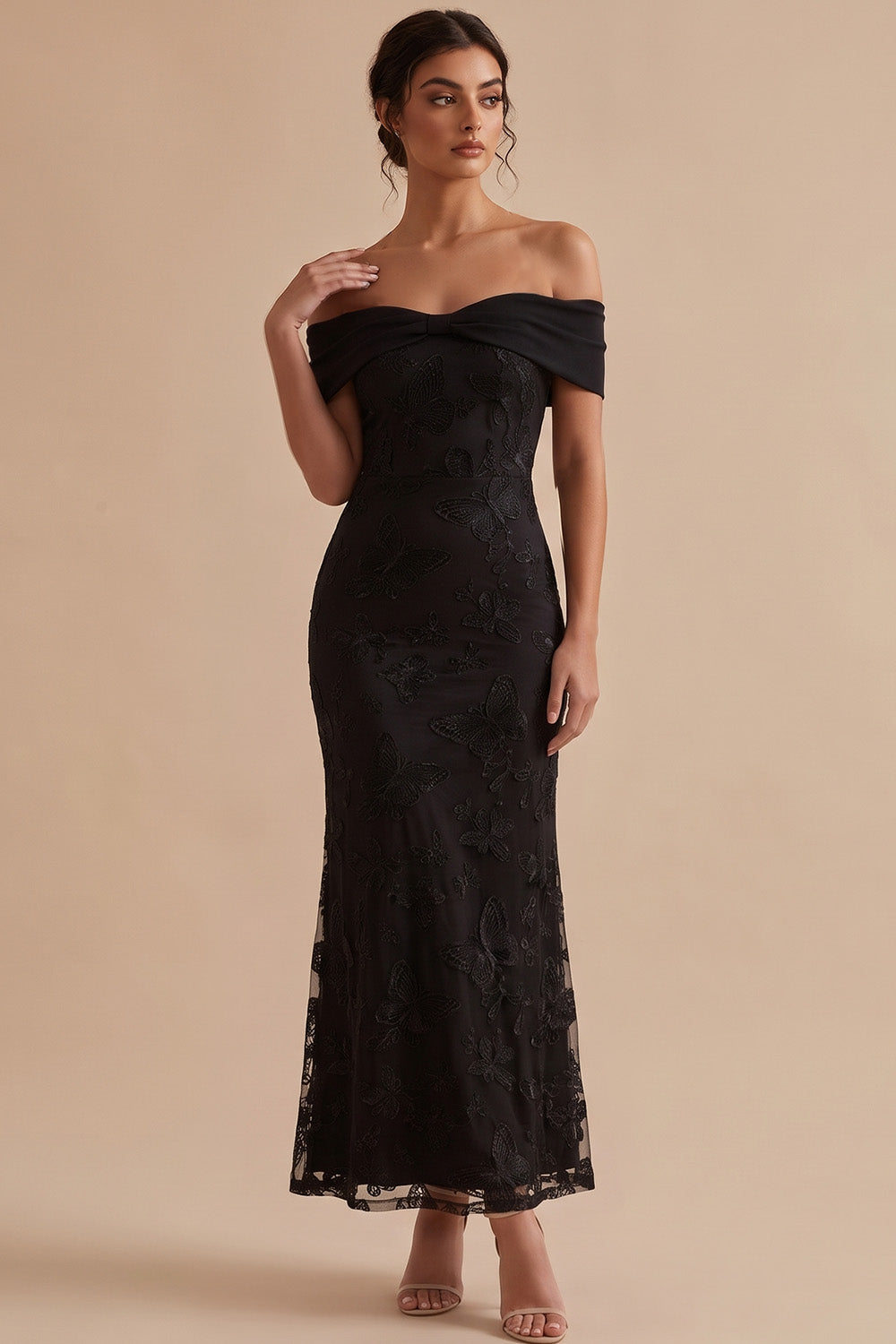 ZAPAKA Women Black Ankle-Length Wedding Guest Dress Sheath Off the ZAPAKA Women Black Ankle-Length Wedding Guest Dress Sheath Off the