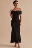 Black Sheath Off the Shoulder Embroidered Maxi Wedding Guest Dress