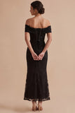 Black Sheath Off the Shoulder Embroidered Maxi Wedding Guest Dress