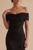 Black Sheath Off the Shoulder Embroidered Maxi Wedding Guest Dress