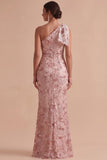 Pink Sheath One Shoulder Sequins Embroidered Maxi Wedding Guest Dress with Bow
