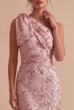 Pink Sheath One Shoulder Sequins Embroidered Maxi Wedding Guest Dress with Bow