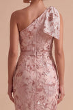 Pink Sheath One Shoulder Sequins Embroidered Maxi Wedding Guest Dress with Bow