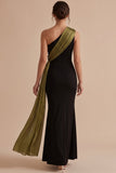 Black and Olive Mermaid One Shoulder Maxi Wedding Guest Dress with Bow