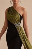 Black and Olive Mermaid One Shoulder Maxi Wedding Guest Dress with Bow