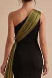 Black and Olive Mermaid One Shoulder Maxi Wedding Guest Dress with Bow