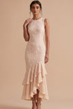 Champagne Mermaid Round Neck Embroidery High-Low Wedding Guest Dress with Tiered Ruffle