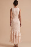Champagne Mermaid Round Neck Embroidery High-Low Wedding Guest Dress with Tiered Ruffle