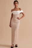 White and Pink Sheath Off the Shoulder Floral Embroidery Maxi Wedding Guest Dress