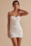 White Corset Bodycon Cowl Neck Ruched Spaghetti Strapes Short Little White Dress