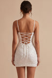 White Corset Bodycon Cowl Neck Ruched Spaghetti Strapes Short Little White Dress