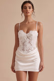 White Corset Bodycon Satin Spaghetti Straps Short Little White Dress with 3D Flower