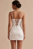 White Corset Bodycon Satin Spaghetti Straps Short Little White Dress with 3D Flower