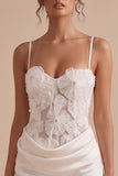 White Corset Bodycon Satin Spaghetti Straps Short Little White Dress with 3D Flower