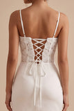 White Corset Bodycon Satin Spaghetti Straps Short Little White Dress with 3D Flower