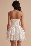 White Ruched Strapless Tiered Lace Basque Waist Satin Short Little White Dress