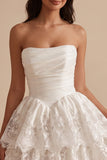 White Ruched Strapless Tiered Lace Basque Waist Satin Short Little White Dress