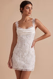 White Bodycon Cowl Neck Floral Appliques Short Little White Dress with Lace