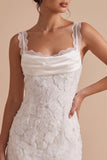 White Bodycon Cowl Neck Floral Appliques Short Little White Dress with Lace