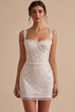 White Corset Bodycon Square Neck Short Little White Dress with Sequins